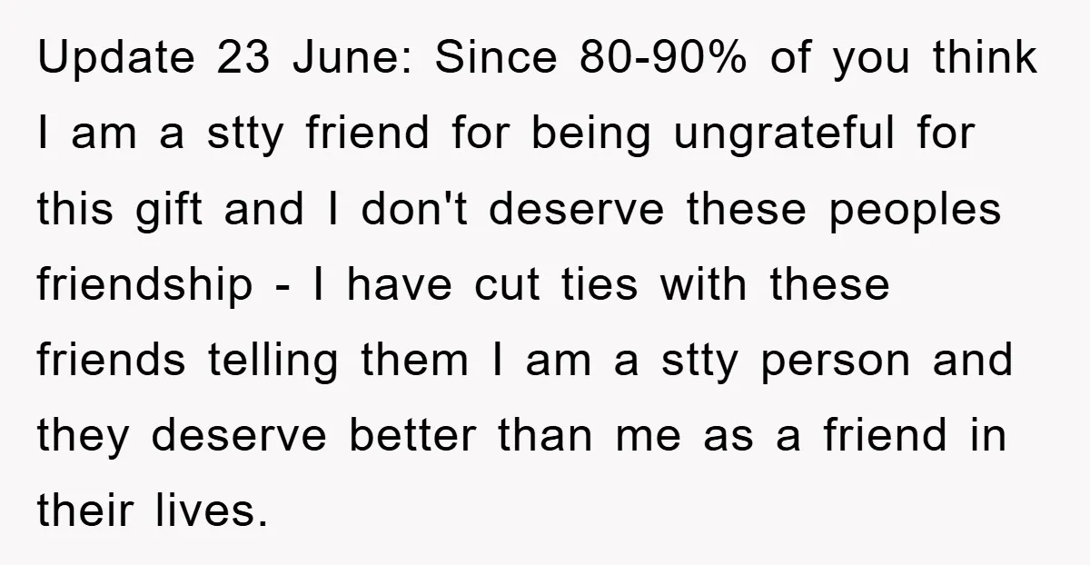 Update 23 June: Since 80-90% of you think I am a stty friend for being ungrateful for this gift and I don't deserve these peoples friendship - I have cut...