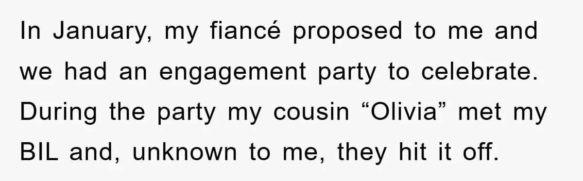 In January, my fiancé proposed to me and we had an engagement party to celebrate. During the party my cousin “Olivia” met my BIL and, unknown to me, they hit...