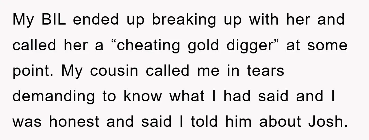 My BIL ended up breaking up with her and called her a “cheating gold digger” at some point. My cousin called me in tears demanding to know what I had...