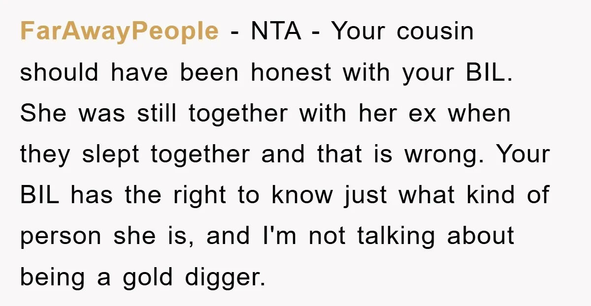 FarAwayPeople − NTA - Your cousin should have been honest with your BIL. She was still together with her ex when they slept together and that is wrong. Your BIL...