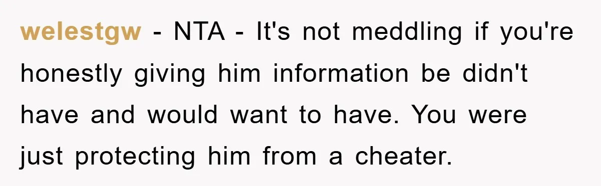 welestgw − NTA - It's not meddling if you're honestly giving him information be didn't have and would want to have. You were just protecting him from a cheater.