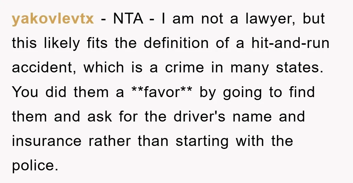yakovlevtx − NTA - I am not a lawyer, but this likely fits the definition of a hit-and-run accident, which is a crime in many states. You did them a...