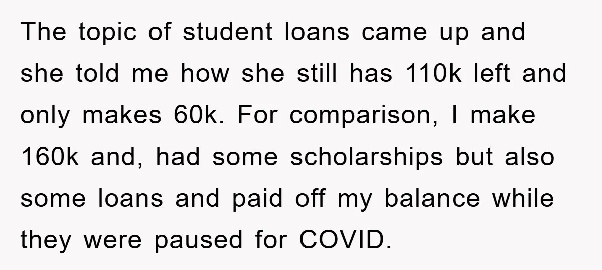 The topic of student loans came up and she told me how she still has 110k left and only makes 60k. For comparison, I make 160k and, had some scholarships...