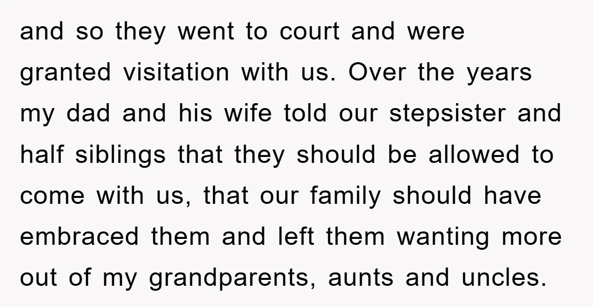 and so they went to court and were granted visitation with us. Over the years my dad and his wife told our stepsister and half siblings that they should be...