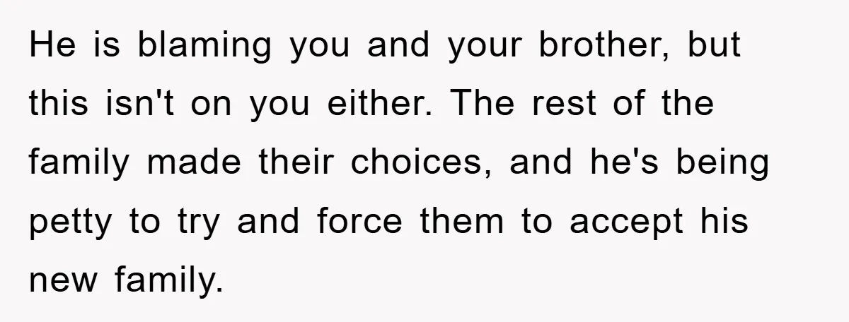 He is blaming you and your brother, but this isn't on you either. The rest of the family made their choices, and he's being petty to try and force them...