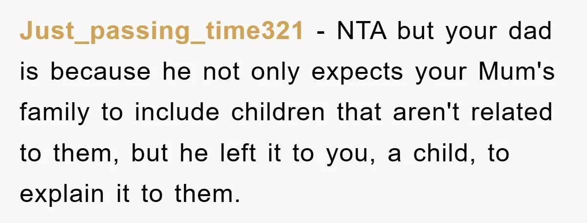 Just_passing_time321 − NTA but your dad is because he not only expects your Mum's family to include children that aren't related to them, but he left it to you, a...