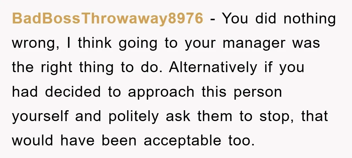 BadBossThrowaway8976 − You did nothing wrong, I think going to your manager was the right thing to do. Alternatively if you had decided to approach this person yourself and politely...