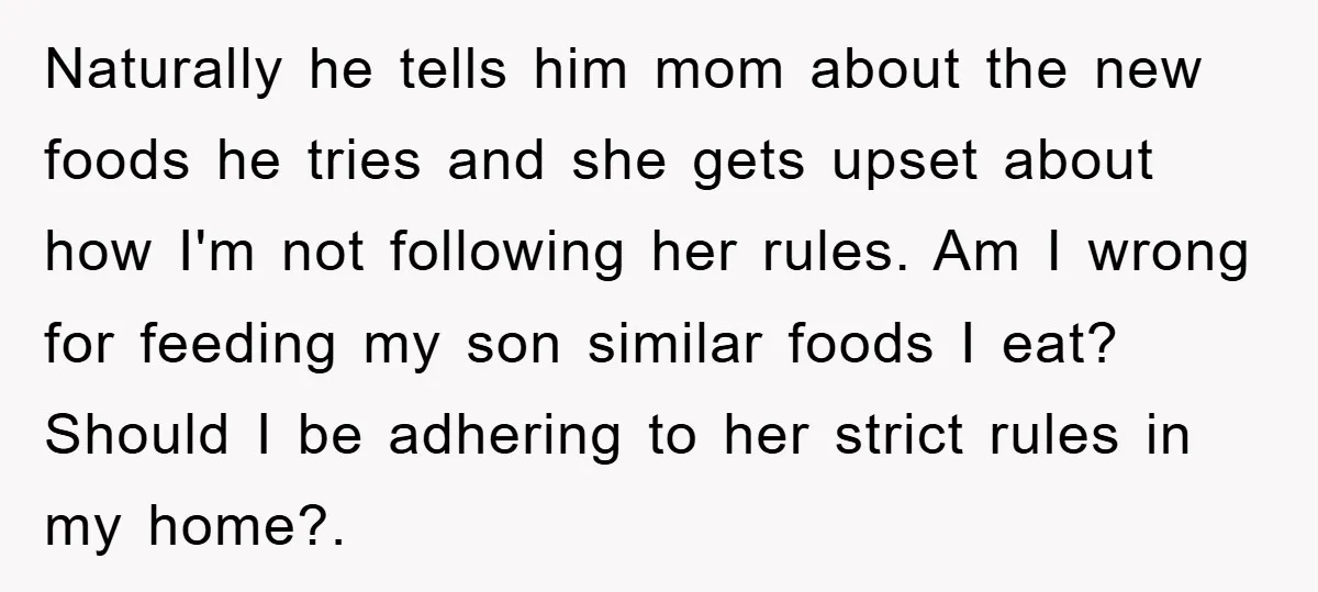 Naturally he tells him mom about the new foods he tries and she gets upset about how I'm not following her rules. Am I wrong for feeding my son similar...