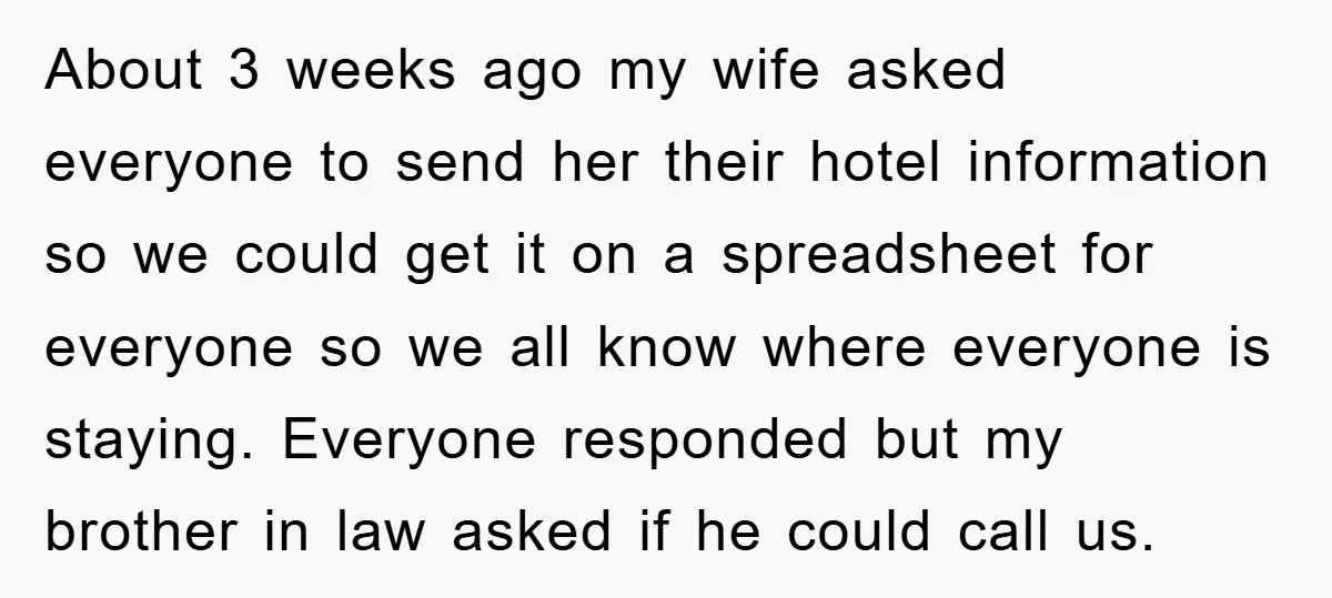 About 3 weeks ago my wife asked everyone to send her their hotel information so we could get it on a spreadsheet for everyone so we all know where everyone...