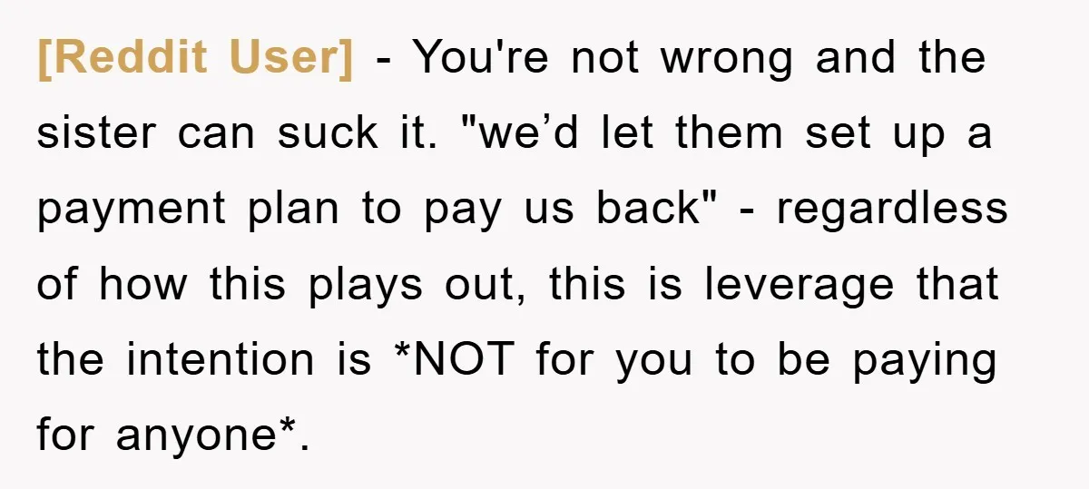 [Reddit User] − You're not wrong and the sister can suck it. "we’d let them set up a payment plan to pay us back" - regardless of how this plays...