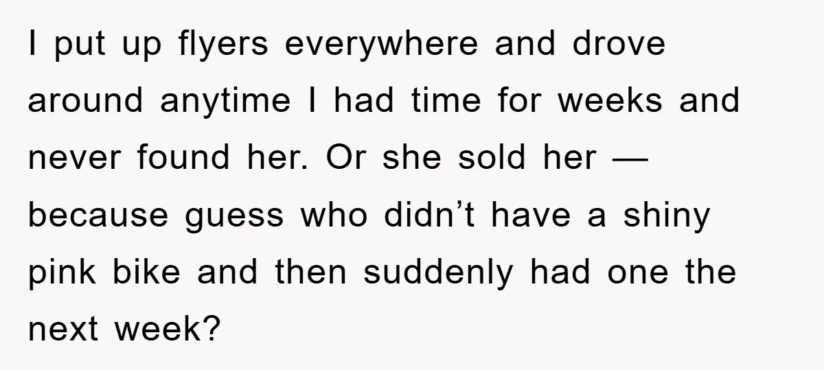 I put up flyers everywhere and drove around anytime I had time for weeks and never found her. Or she sold her — because guess who didn’t have a shiny...
