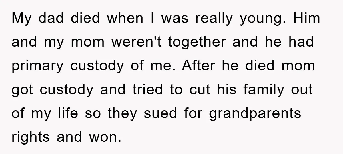 My dad died when I was really young. Him and my mom weren't together and he had primary custody of me. After he died mom got custody and tried to...