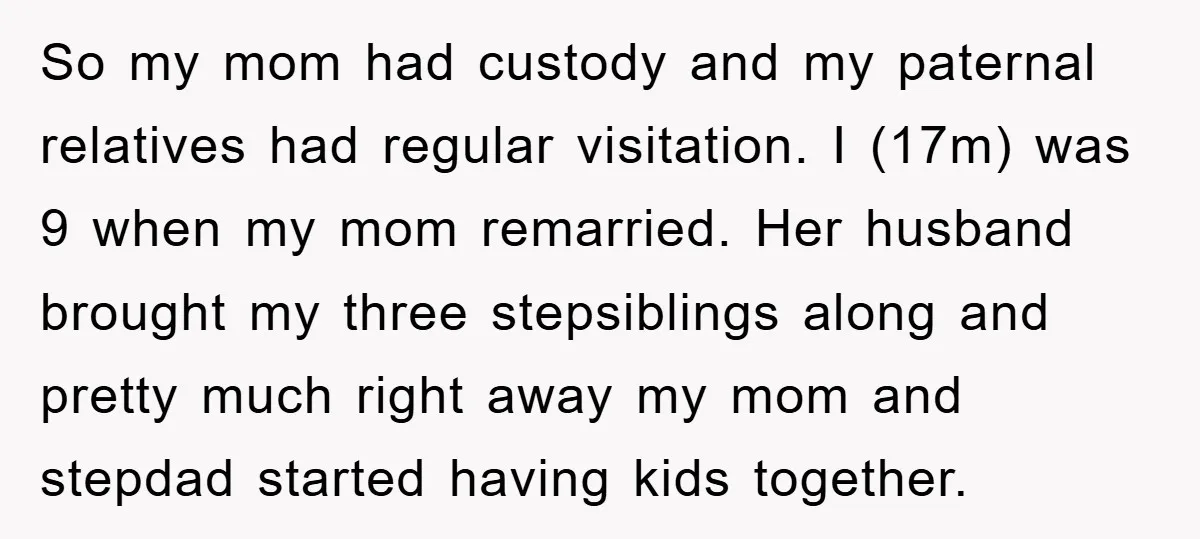 So my mom had custody and my paternal relatives had regular visitation. I (17m) was 9 when my mom remarried. Her husband brought my three stepsiblings along and pretty much...