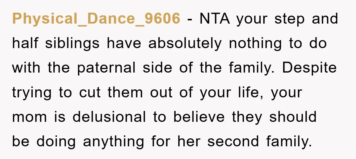 Physical_Dance_9606 − NTA your step and half siblings have absolutely nothing to do with the paternal side of the family. Despite trying to cut them out of your life, your...