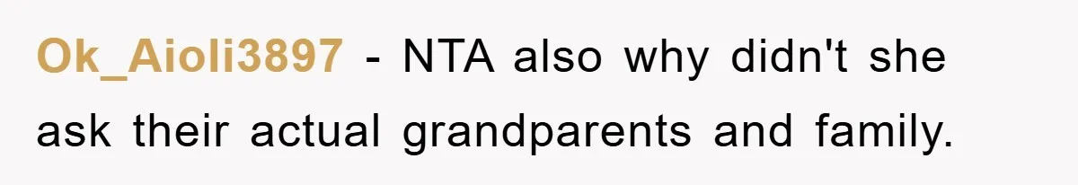 Ok_Aioli3897 − NTA also why didn't she ask their actual grandparents and family.