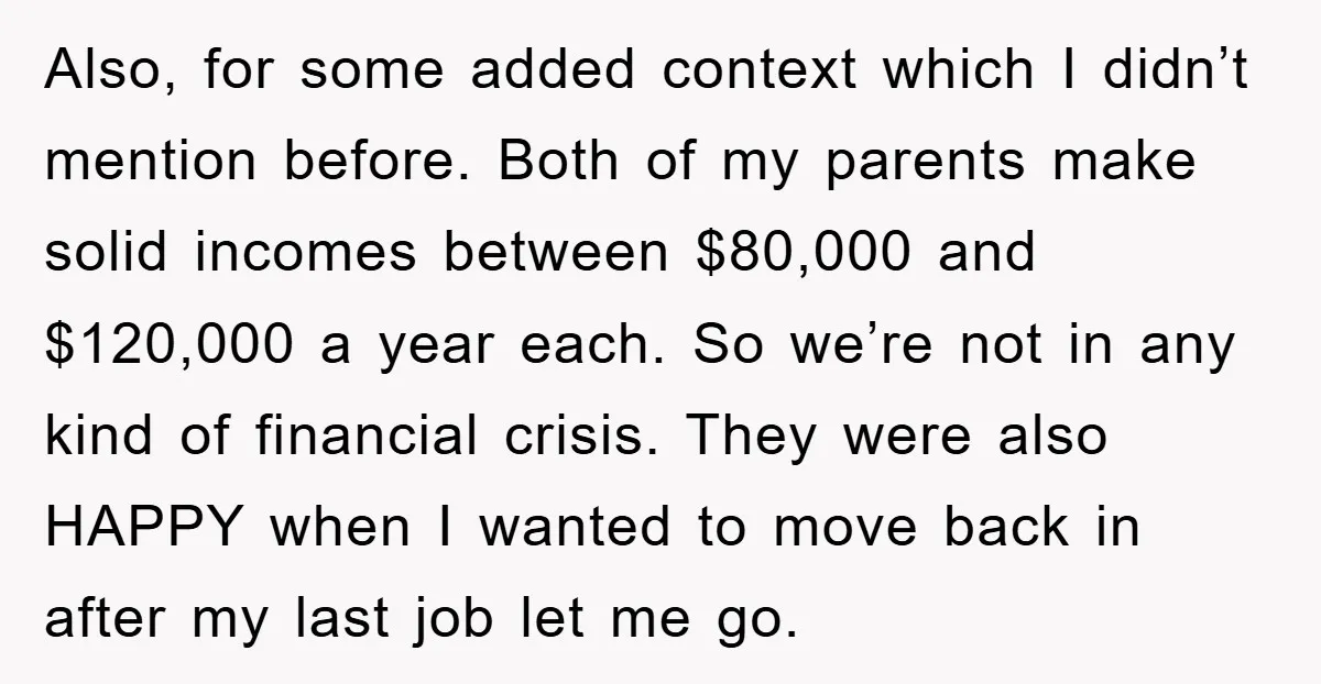Also, for some added context which I didn’t mention before. Both of my parents make solid incomes between $80,000 and $120,000 a year each. So we’re not in any kind...