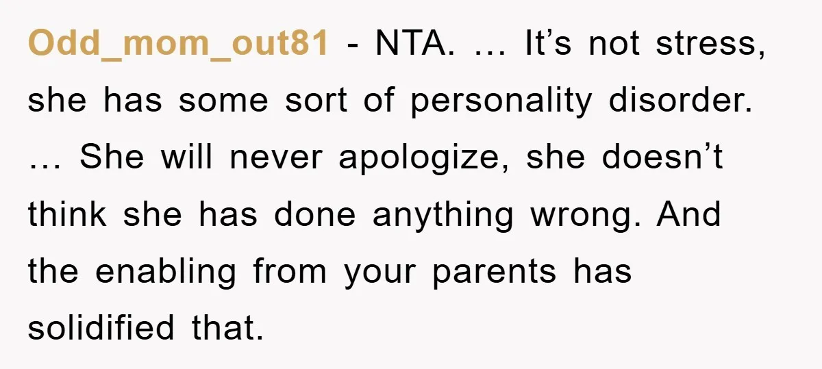 Odd_mom_out81 − NTA. … It’s not stress, she has some sort of personality disorder. … She will never apologize, she doesn’t think she has done anything wrong. And the enabling...