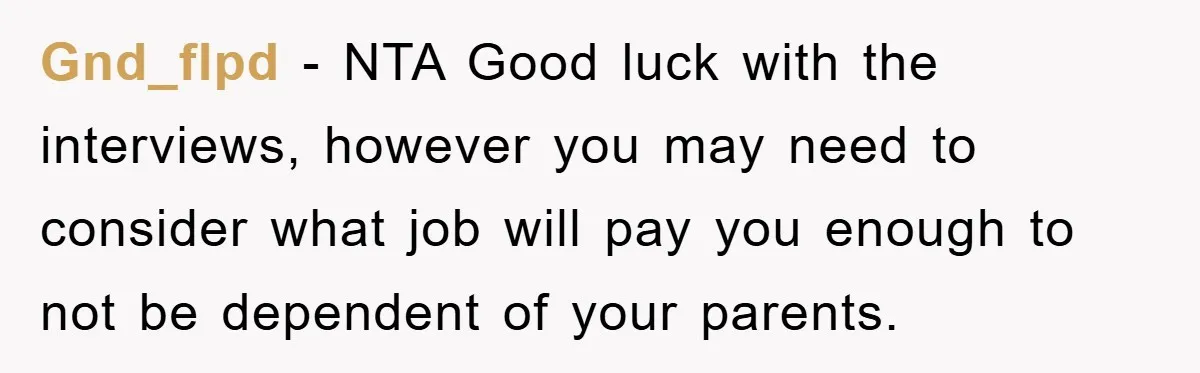 Gnd_flpd − NTA Good luck with the interviews, however you may need to consider what job will pay you enough to not be dependent of your parents.