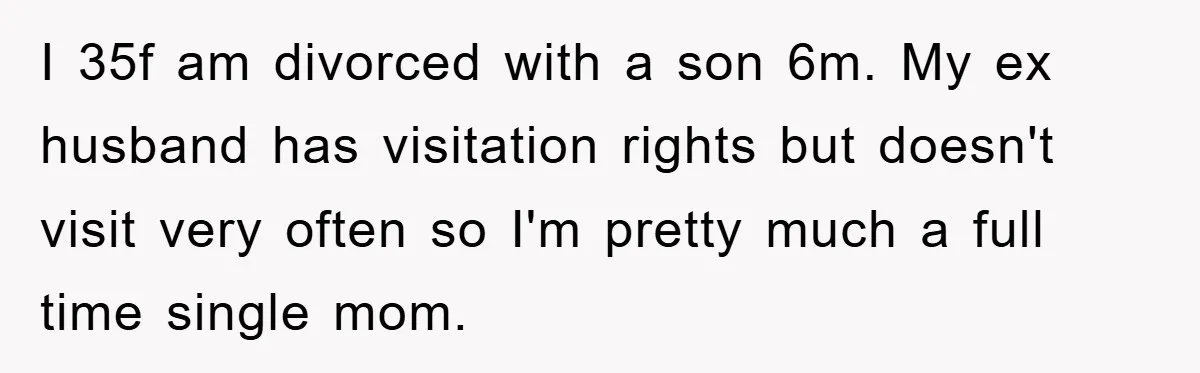 I 35f am divorced with a son 6m. My ex husband has visitation rights but doesn't visit very often so I'm pretty much a full time single mom.