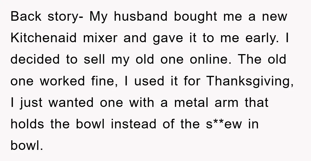 Back story- My husband bought me a new Kitchenaid mixer and gave it to me early. I decided to sell my old one online. The old one worked fine, I...