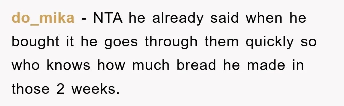 do_mika − NTA he already said when he bought it he goes through them quickly so who knows how much bread he made in those 2 weeks.