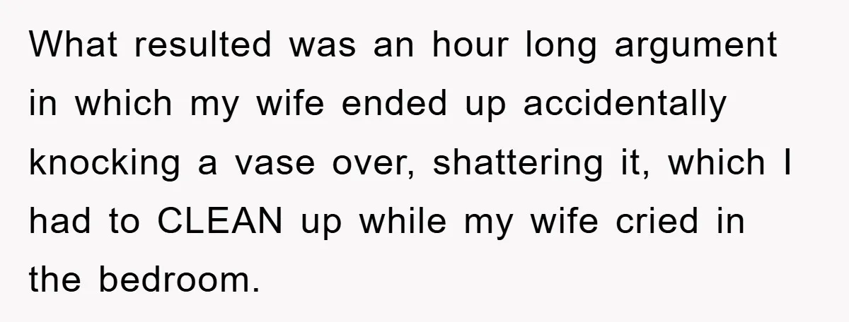 What resulted was an hour long argument in which my wife ended up accidentally knocking a vase over, shattering it, which I had to CLEAN up while my wife cried...