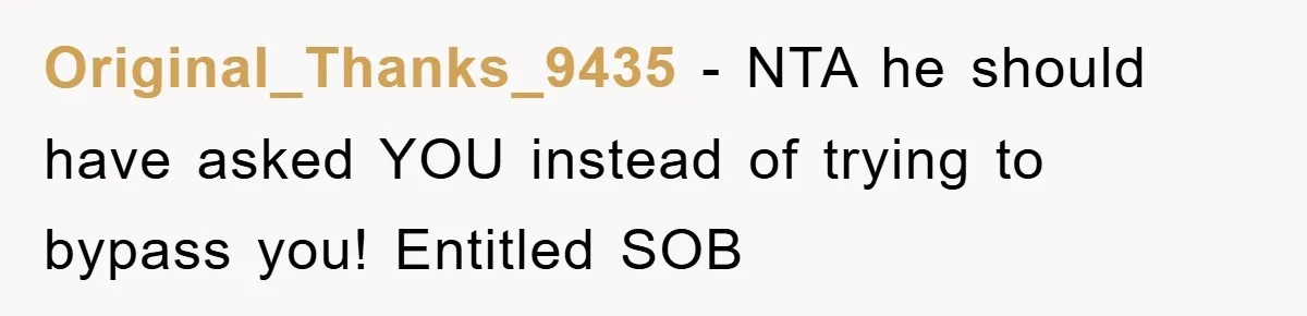 Original_Thanks_9435 − NTA he should have asked YOU instead of trying to bypass you! Entitled SOB