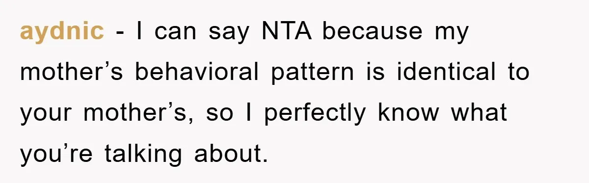 aydnic − I can say NTA because my mother’s behavioral pattern is identical to your mother’s, so I perfectly know what you’re talking about.