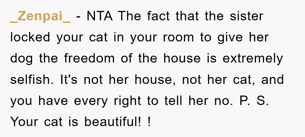_Zenpai_ − NTA The fact that the sister locked your cat in your room to give her dog the freedom of the house is extremely selfish. It's not her house,...