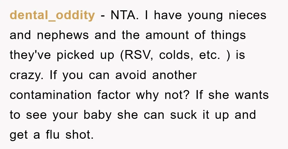 dental_oddity − NTA. I have young nieces and nephews and the amount of things they've picked up (RSV, colds, etc. ) is crazy. If you can avoid another contamination factor...