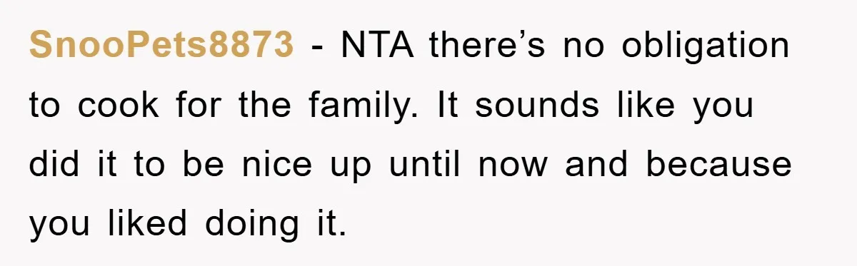 SnooPets8873 − NTA there’s no obligation to cook for the family. It sounds like you did it to be nice up until now and because you liked doing it.