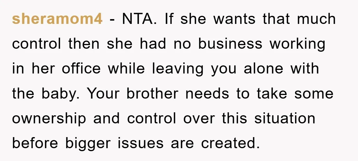 sheramom4 − NTA. If she wants that much control then she had no business working in her office while leaving you alone with the baby. Your brother needs to take...