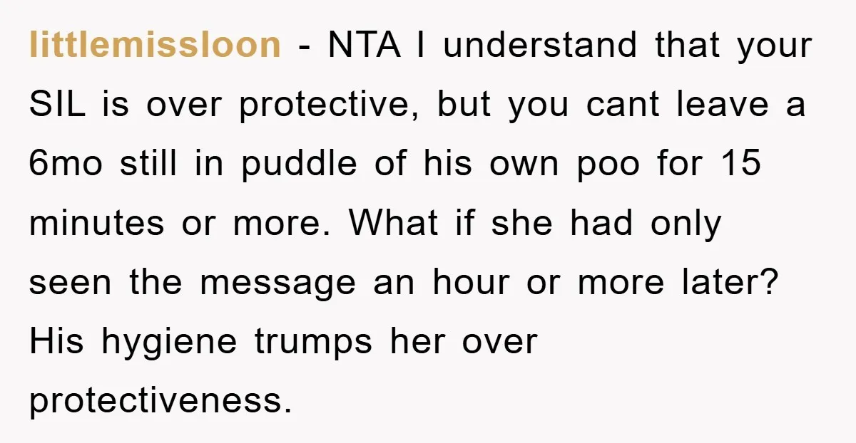 littlemissloon − NTA I understand that your SIL is over protective, but you cant leave a 6mo still in puddle of his own poo for 15 minutes or more. What...