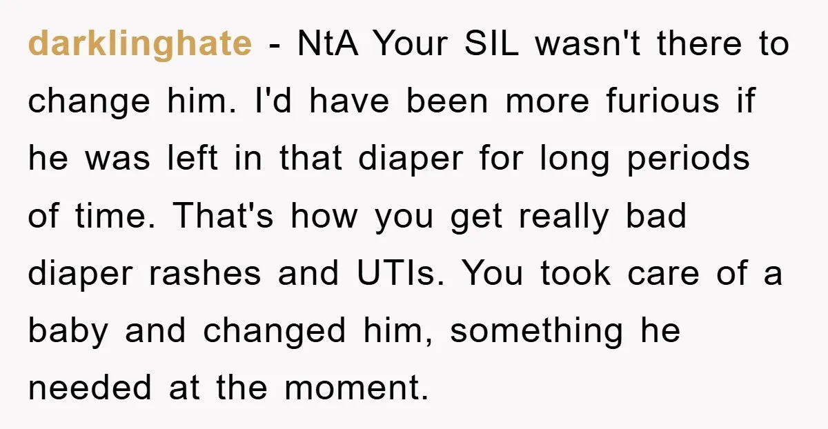 darklinghate − NtA Your SIL wasn't there to change him. I'd have been more furious if he was left in that diaper for long periods of time. That's how you...
