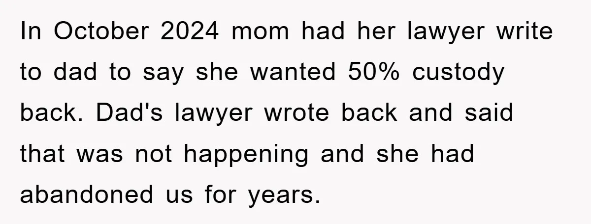 In October 2024 mom had her lawyer write to dad to say she wanted 50% custody back. Dad's lawyer wrote back and said that was not happening and she had...