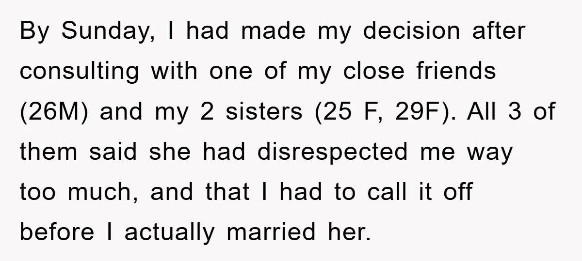 By Sunday, I had made my decision after consulting with one of my close friends (26M) and my 2 sisters (25 F, 29F). All 3 of them said she had...