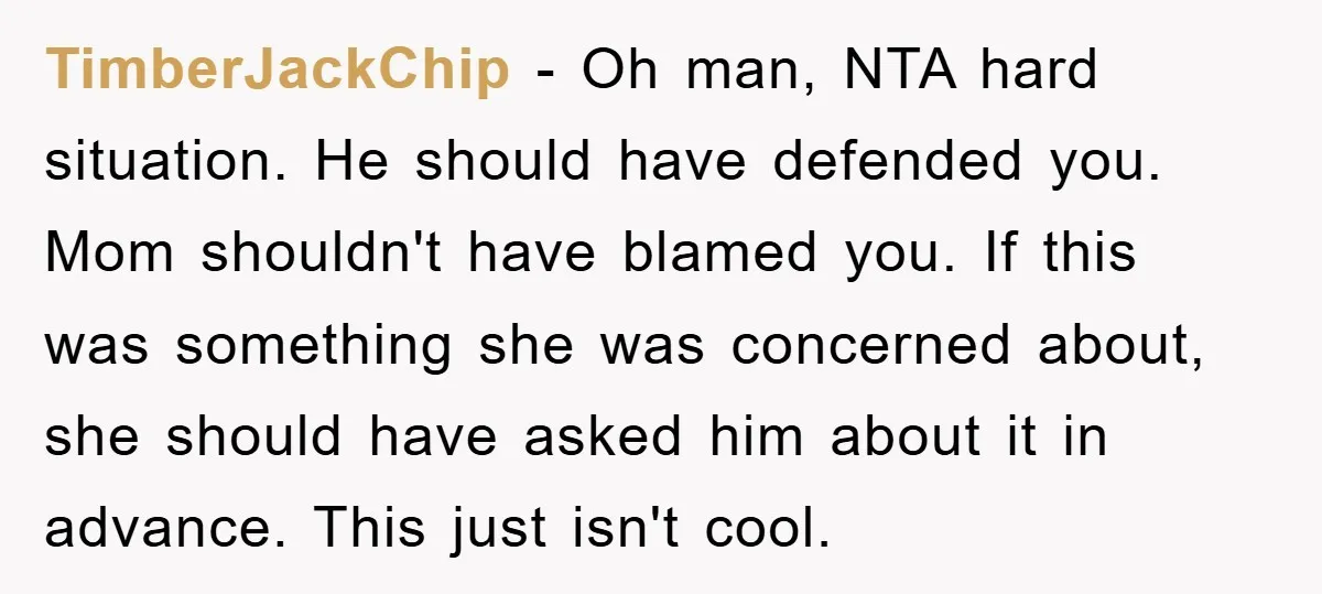 TimberJackChip − Oh man, NTA hard situation. He should have defended you. Mom shouldn't have blamed you. If this was something she was concerned about, she should have asked him...