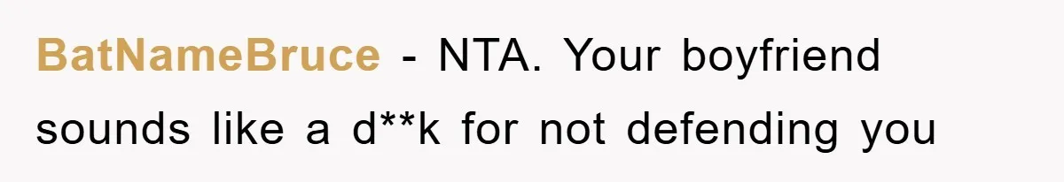 BatNameBruce − NTA. Your boyfriend sounds like a d**k for not defending you
