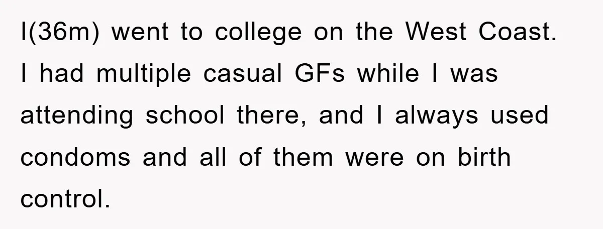 I(36m) went to college on the West Coast. I had multiple casual GFs while I was attending school there, and I always used condoms and all of them were on...