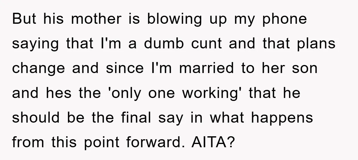 But his mother is blowing up my phone saying that I'm a dumb cunt and that plans change and since I'm married to her son and hes the 'only one...