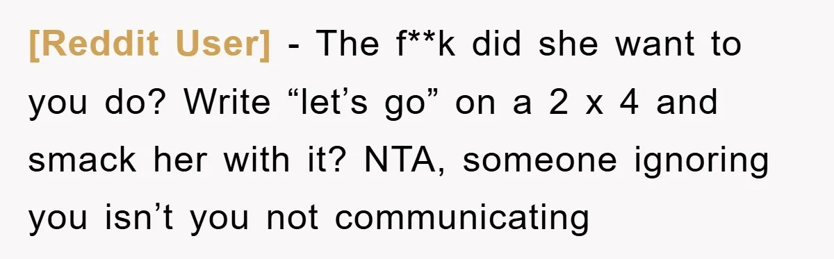 [Reddit User] − The f**k did she want to you do? Write “let’s go” on a 2 x 4 and smack her with it? NTA, someone ignoring you isn’t you...