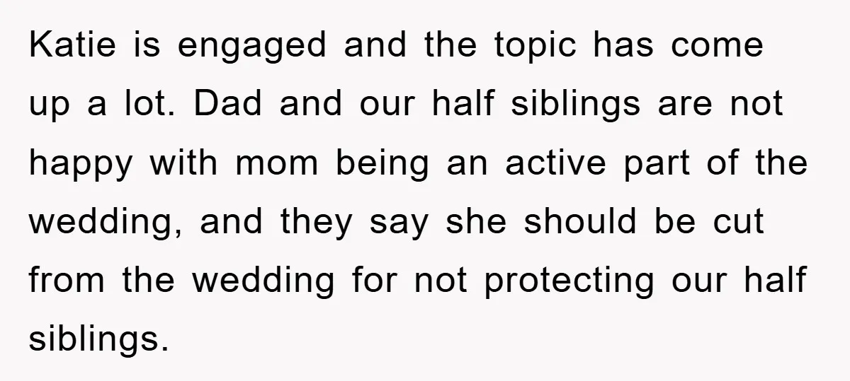 Katie is engaged and the topic has come up a lot. Dad and our half siblings are not happy with mom being an active part of the wedding, and they...