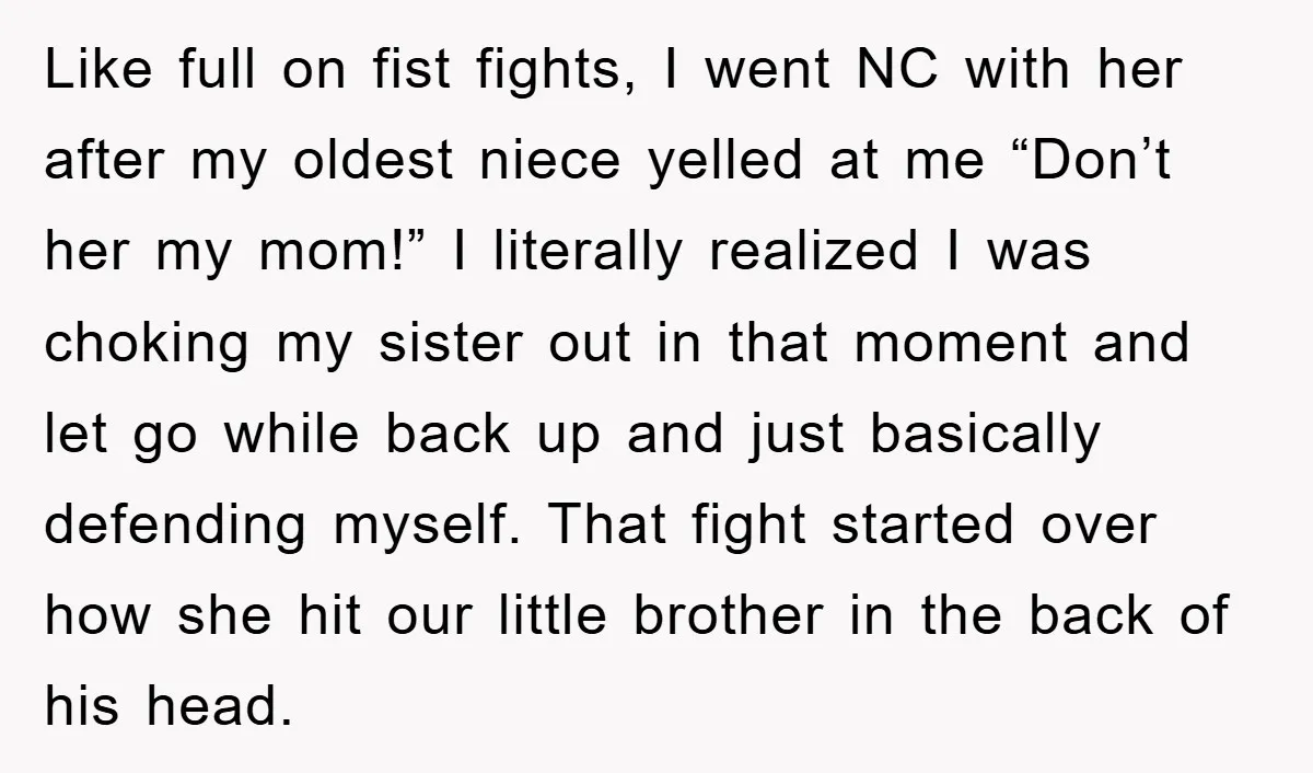 Like full on fist fights, I went NC with her after my oldest niece yelled at me “Don’t her my mom!” I literally realized I was choking my sister out...
