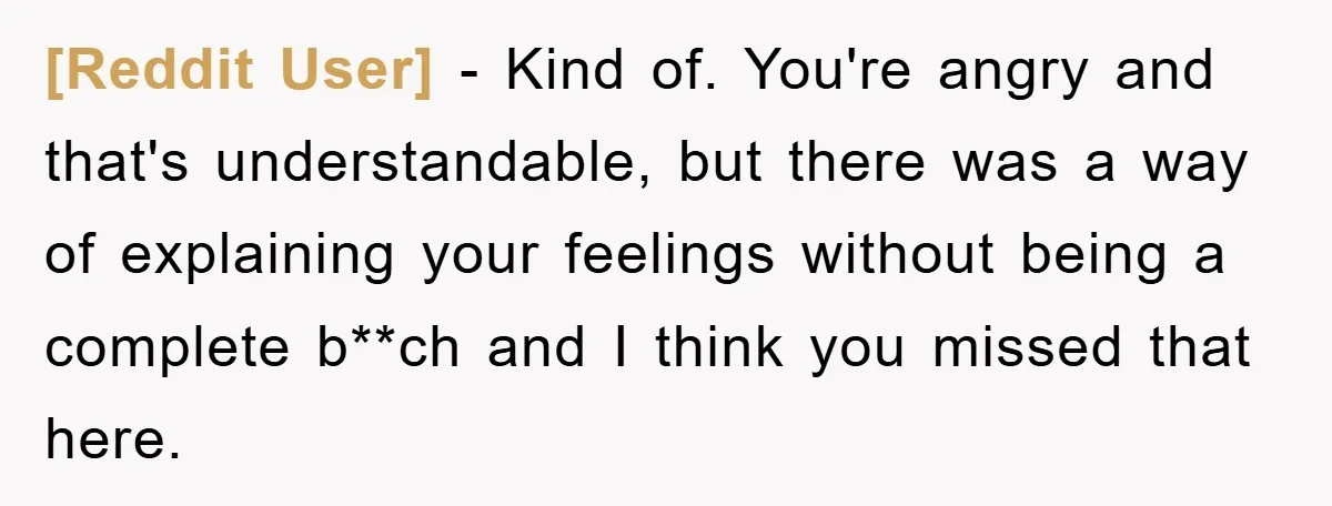 [Reddit User] − Kind of. You're angry and that's understandable, but there was a way of explaining your feelings without being a complete b**ch and I think you missed that...