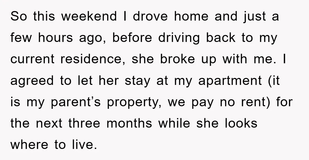 So this weekend I drove home and just a few hours ago, before driving back to my current residence, she broke up with me. I agreed to let her stay...