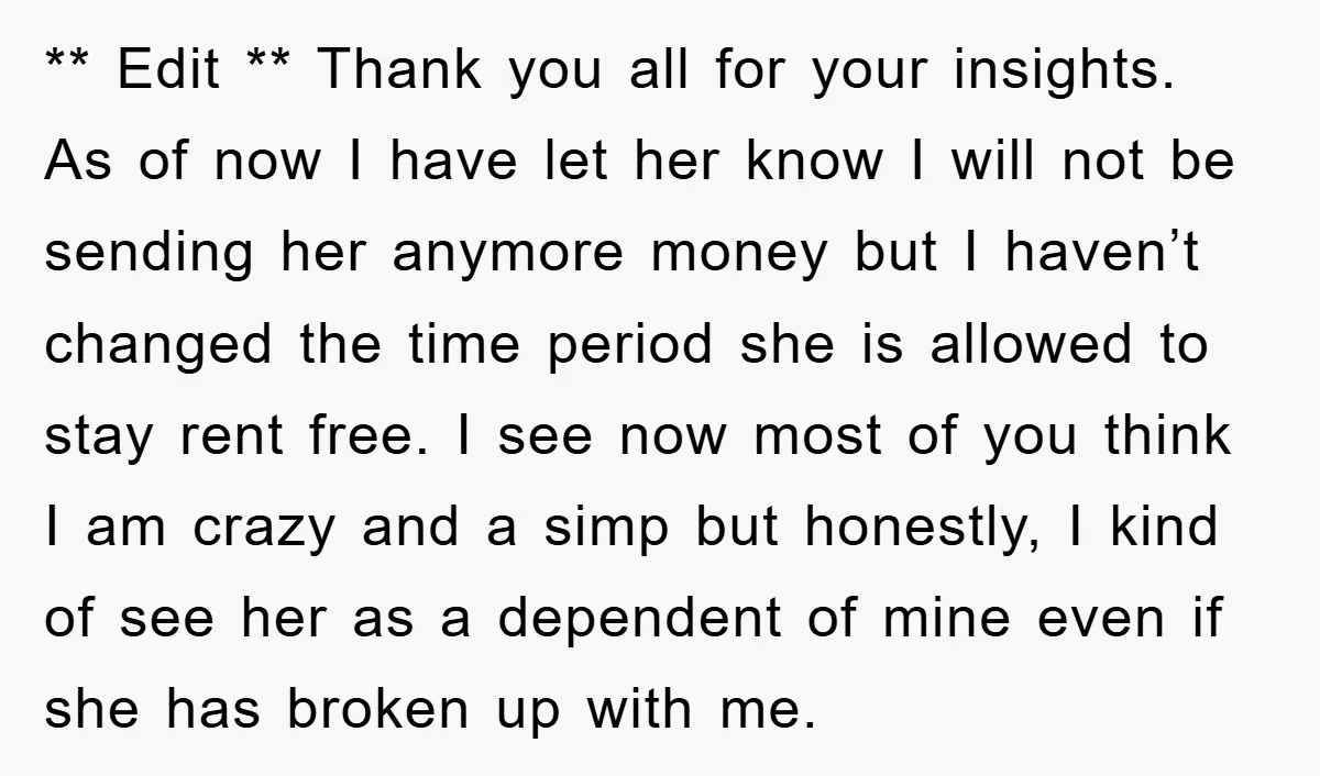 ** Edit ** Thank you all for your insights. As of now I have let her know I will not be sending her anymore money but I haven’t changed the...