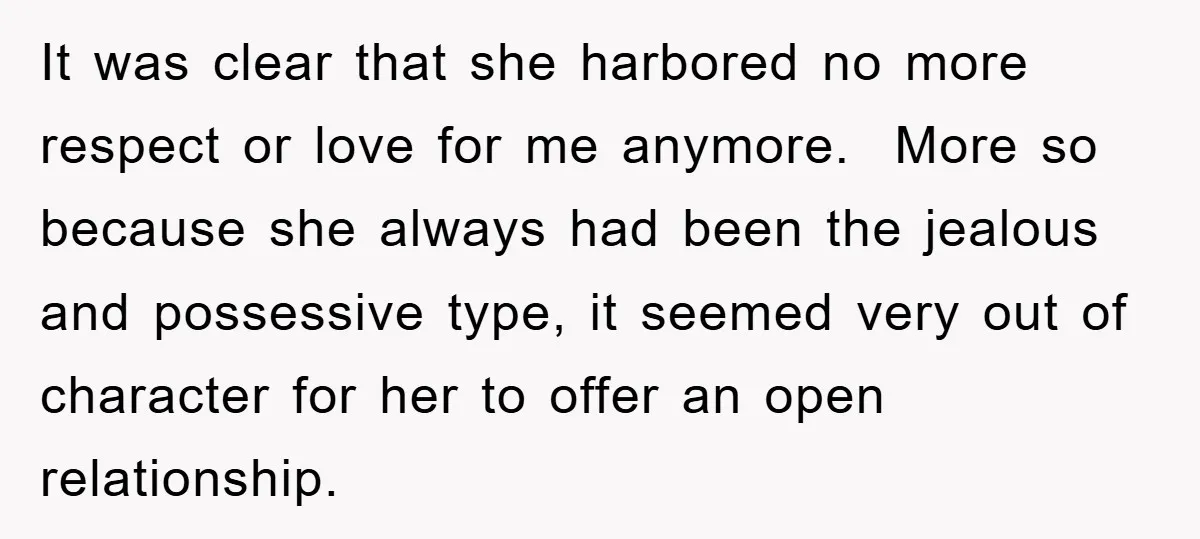 It was clear that she harbored no more respect or love for me anymore. More so because she always had been the jealous and possessive type, it seemed very out...