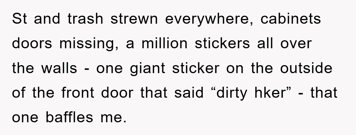 St and trash strewn everywhere, cabinets doors missing, a million stickers all over the walls - one giant sticker on the outside of the front door that said “dirty hker”...