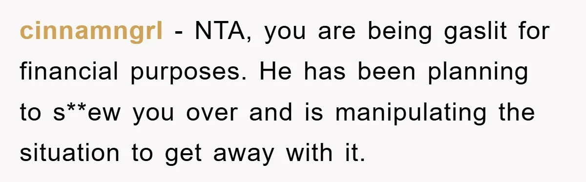cinnamngrl − NTA, you are being gaslit for financial purposes. He has been planning to s**ew you over and is manipulating the situation to get away with it.
