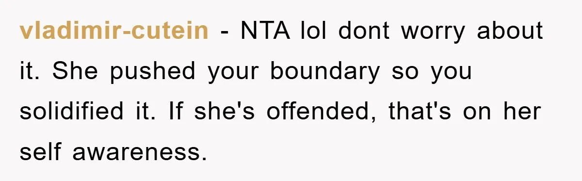 vladimir-cutein − NTA lol dont worry about it. She pushed your boundary so you solidified it. If she's offended, that's on her self awareness.